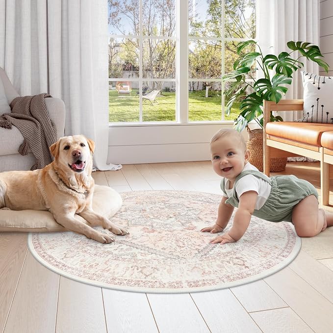 LIVEBOX Pink Vintage Round Rug 4ft Washable Floral Rug | Machine washable floral circle rug with non-slip backing for living room, bedroom, nursery and office, Girl's Room