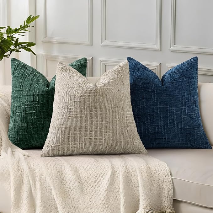 decorUhome Textured Chenille Throw Pillow Covers 26x26 Set of 2 Green | Fall Modern Farmhouse Soft Cozy Slubby Couch Pillow Cases Boho Decorative Pillow Cases for Bed Sofa Living Room Home Decor