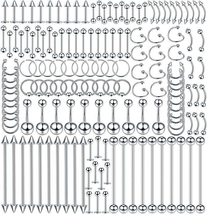 Xpircn 150PCS Piercing Kit Jewelry Stainless Steel Lip Nose Tongue Tragus Cartilage Daith Eeybrow Belly Button Rings Body Piercing Tools 14G 16G 20G