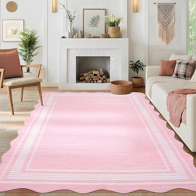 Garvee Washable Rug 8x10 Area Rugs for Living Room Bedroom, Non Slip Low Pile Solid Neutral Soft Carpet, Modern Scalloped Pattern, Faux Wool Floor Mats for Dining Room Home Office, Pink | Rugs for Living Room, Non-Slip Soft Carpet for Bedroom, Scallope...