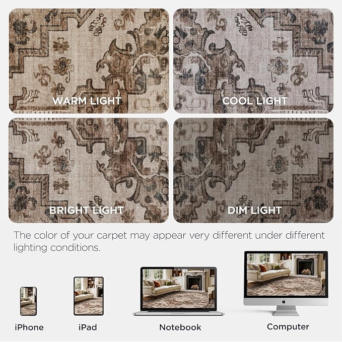 Joydeco Washable 2x5 Hallway Runner Rug Vintage, Blue Grey&Light Coffee | Water Resistant Low Pile Non Slip Backing for Kitchen Entryway Bedroom Bathroom Dining Room