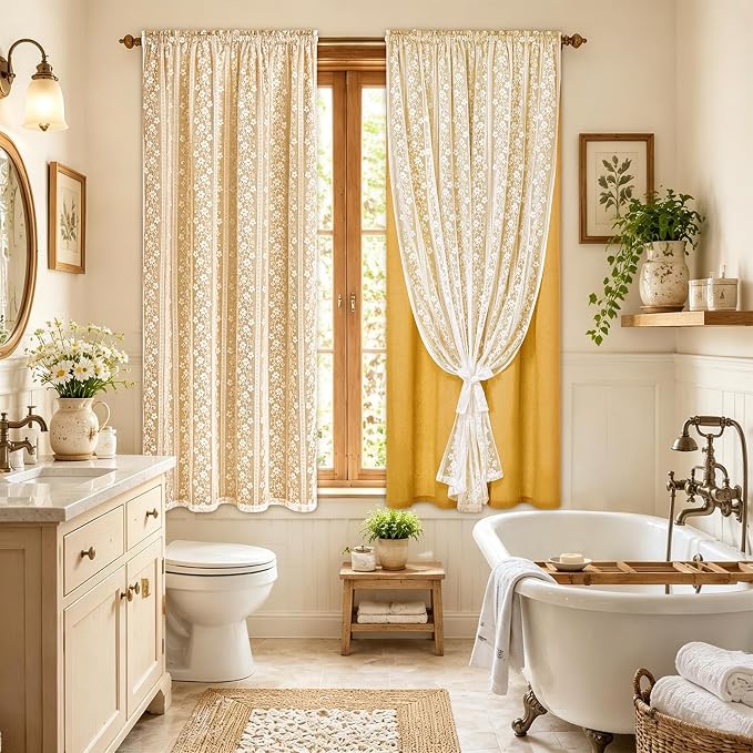 ASPMIZ Linen Curtains for Living Room Double Layer Curtains with Linen Lace, Mustard Yellow Bedroom Curtain Light Filtering, Rod Pocket Drapes 63 Inch Length 2 Panels Set with 2 Tiebacks, 52x63