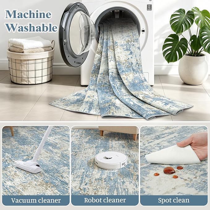 6x9 Area Rugs Living Room Rug Modern Abstract Neutral Washable Rugs Non Slip Soft Carpet Large Area Rug Low Pile Stain Resistant Non Shedding for Bedroom Nursery Dining Room Home Office Blue