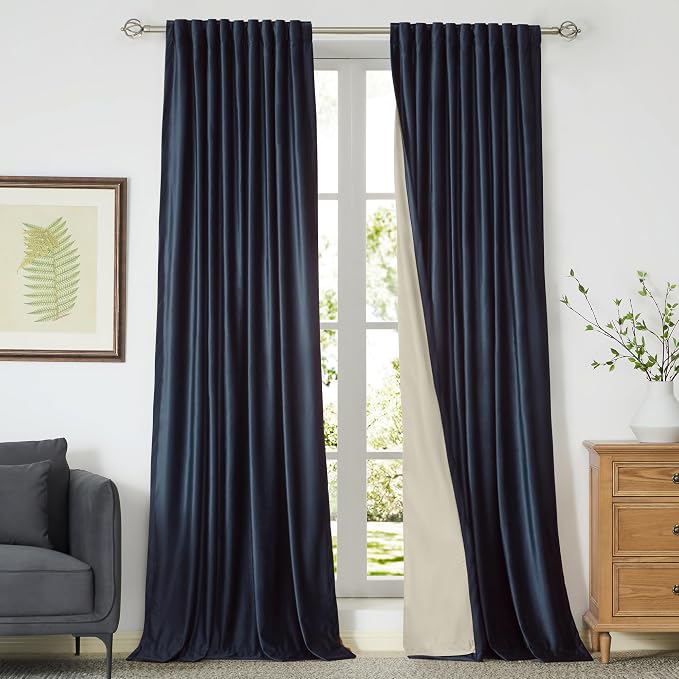 PRIMROSE 100% Full Blackout Navy Blue Velvet Curtains 84 inch Long for Living Room,Set of 2 Panels Liner Rod Pocket Back Tab Thermal Window Curtains Room Darkening Heavy Decorative Drapes for Bedroom