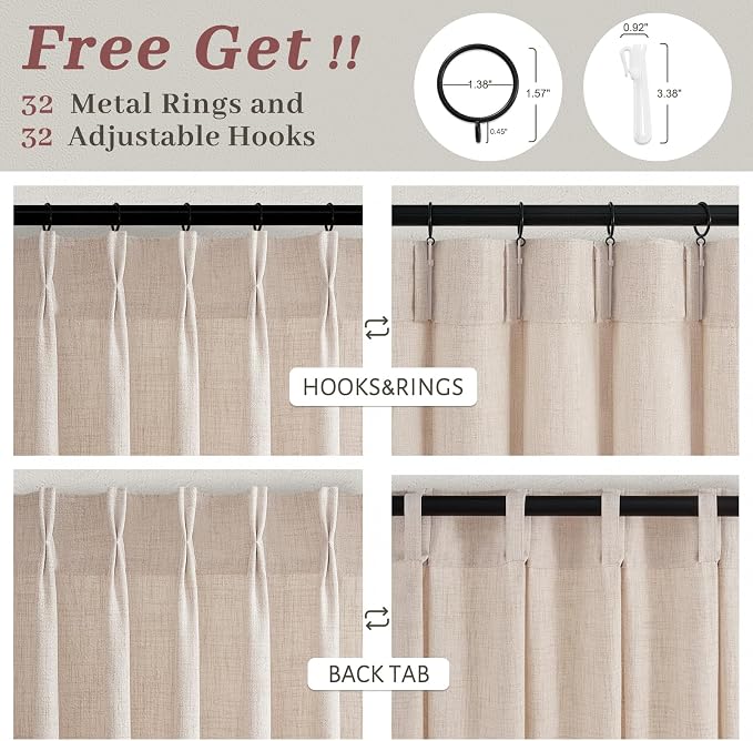 Memory Trained Pinch Pleated 102 Inch Extra Long Curtains for Sliding Glass Doors, Linen Semi Sheer Light Filtering Non See Through Living Room Floor Length Modern Window Curtain & Drapes 4 Panels Set