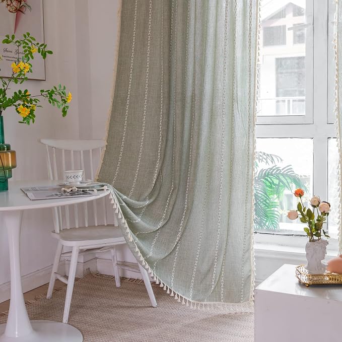Boho Embroidery Striped Country Farmhouse Curtains - Sage Green Linen - 63 Inch Length, 2 Panels - Light Filtering - Living Room (52" W x 63" L)