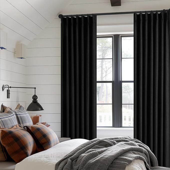 Black Pinch Pleated Full Blackout Linen 80 Inch Window Curtains 2 Panels | 100% Black Out Room Darkening Thermal Insulated, for Living Room Bedroom, Back Tab Pinch Pleat with Hooks Rings, W40xL80