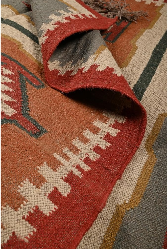 Geometric Kilim Rug Wool Jute Area Rug Kilim Dhurrie Handwoven Braided Entryway Runner Rug Farmhouse Kitchen Rug, Multicolor 3X5