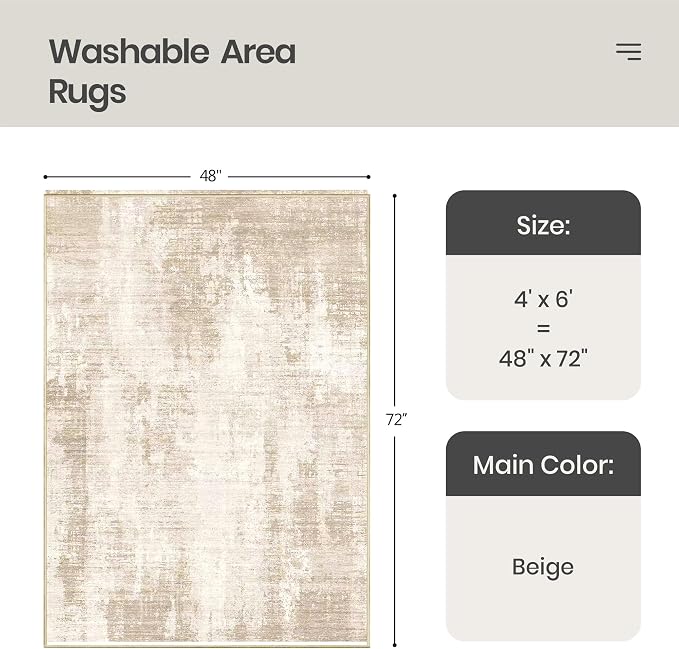 Valenrug Washable Rugs 4x6 - Stain Resistant 4x6 Area Rugs for Living Room, Non Slip Backing Abstract Rugs for Bedroom, Folable Machine Washable Area Rug(4'x6', Beige)