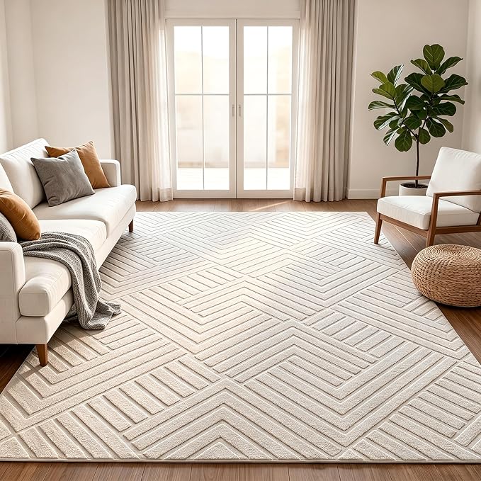 Bsmathom 8x10 Washable Area Rug, Boho Neutral Modern Soft Carpet Mat, Beige | Machine Washable, Low Pile Fluffy Plush, Non-slip, Geometric Textured, For Living Dining Kids Room Bedroom Indoor Dorm