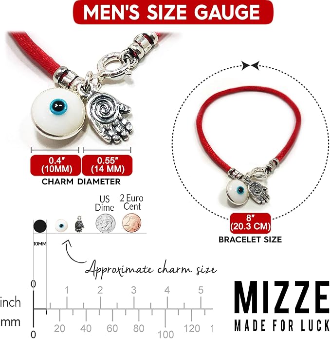 Hamsa Protection Bracelet for Men 8" Length, Red Silk String with Hamsa Hand Charm - Evil Eye Protection Jewelry for Success & Friendship - Gift in Cotton Pouch