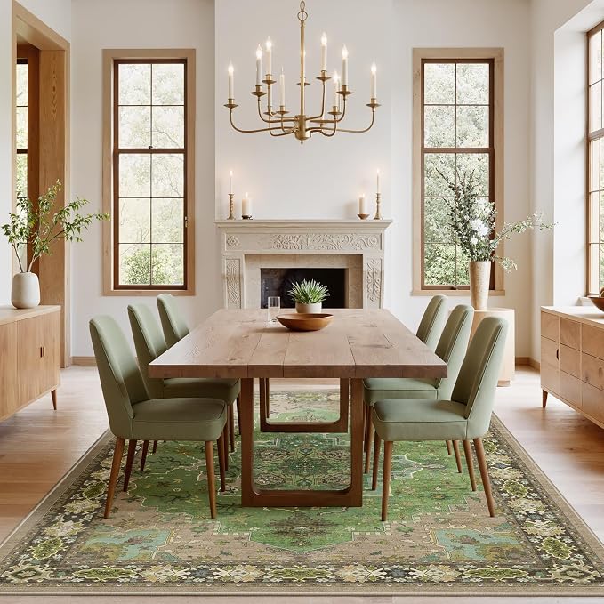 AMADA HOMEFURNISHING 5x7 Area Rug for Living Room, Vintage Washable Area Rug Low-Pile & Non-Slip Carpet for Bedroom Dining Room Nursery Home Office, Green