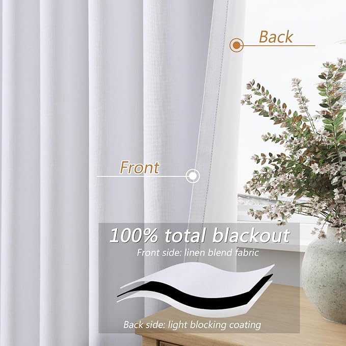 Guken White 100% Blackout Linen Curtains 40 Inch Wide by 45 Inch 2 Panels Set for Living Room Bedroom Back Tab Thermal Insulated Black Out Linen Drapes