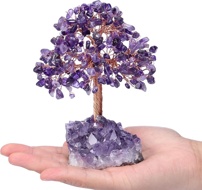 Jovivi Natural Amethyst Healing Crystal Money Tree on Amethyst Cluster Geode Druzy Base Feng Shui Crystals for Home Office Desk Decorations, Wealth, Good Luck