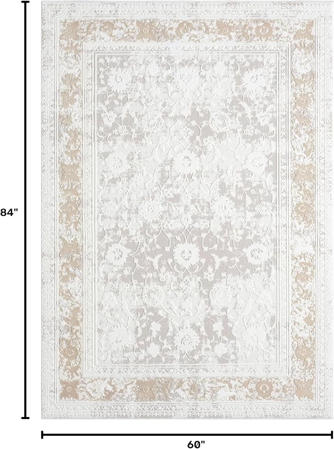 Amber Traditional Floral Area Rug for Living Room, 5x7 Vintage Persian-Inspired Cream Neutral Rug, Medium Pile Stain Resistant Carpet for Bedroom, Dining Room or Kitchen (5' x 7', Cream)