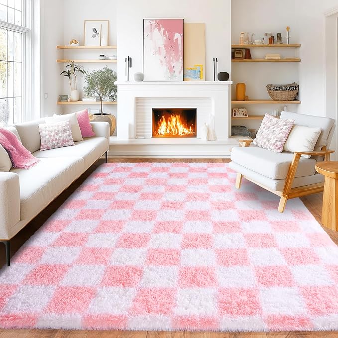 Pionblank 8x10 Area Rugs for Living Room, Fluffy Plush Checkered Rug for Bedroom, Modern Shag Non Slip Soft Furry Large Carpet for Kids Room Nursery Home Decor, Pink and White