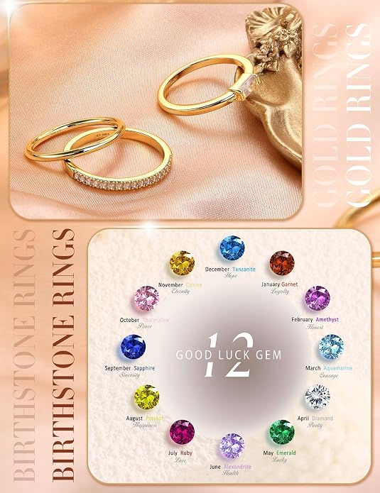 Gold Stackable Birthstone Rings for Women - 18K Gold Filled Non Tarnish Dainty Gold Stacking Rings Set - Cubic Zirconia Thumb Knuckle Ring Wedding Engagement Ring for her Gifts Size 6 7 8 9 10 3pcs