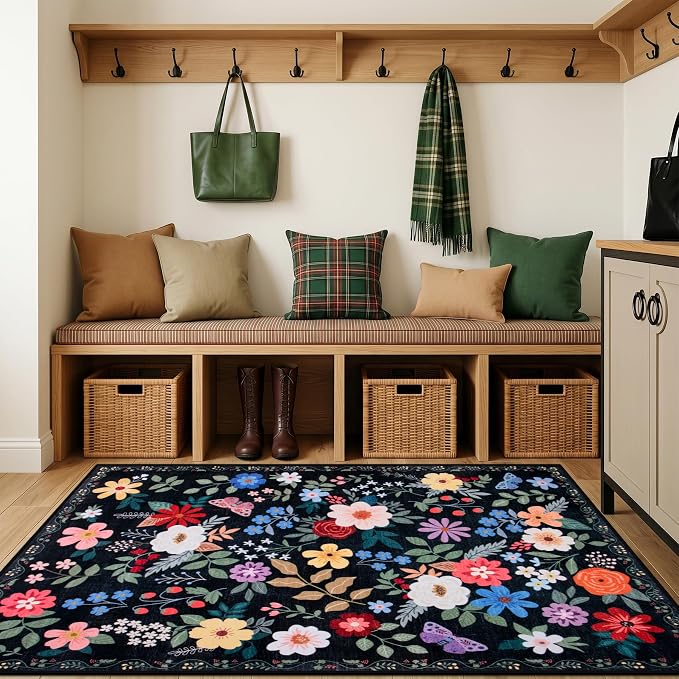 Area Rug Living Room Rugs: Floral 3x5 Washable Rug Vintage Soft Boho Non-Slip Carpet Indoor Floor Stain Resistant Large Carpets for Bedroom Dining Room Farmhouse Nursery Hallway Black