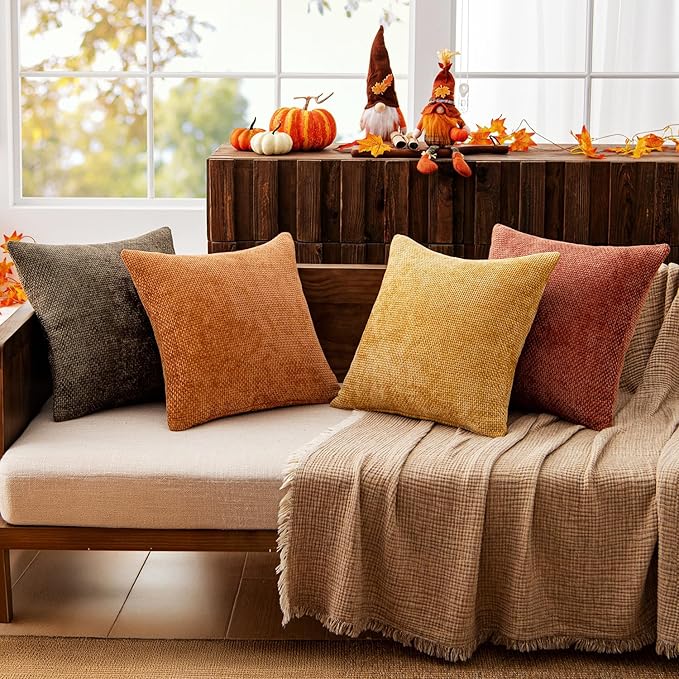 MIULEE Pack of 4 Orange/Yellow Couch Throw Pillow Covers 20x20 Inch Halloween Soft Decorative Chenille Pillows Farmhouse Accent Cushions for Boho Fall Home Decor Sofa Bedroom Living Room