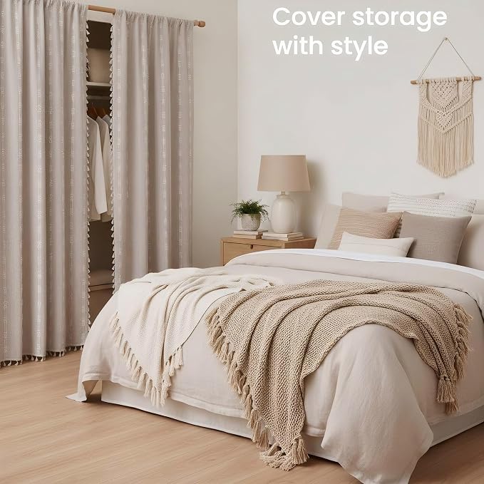 ColorBird Boho Curtains Linen-Textured for Living Room Bedroom Light Filtering 84 Inches Natural Brown Farmhouse Curtains & Drapes Embroidered Striped for Dining Closet Dooraway Window Treatment