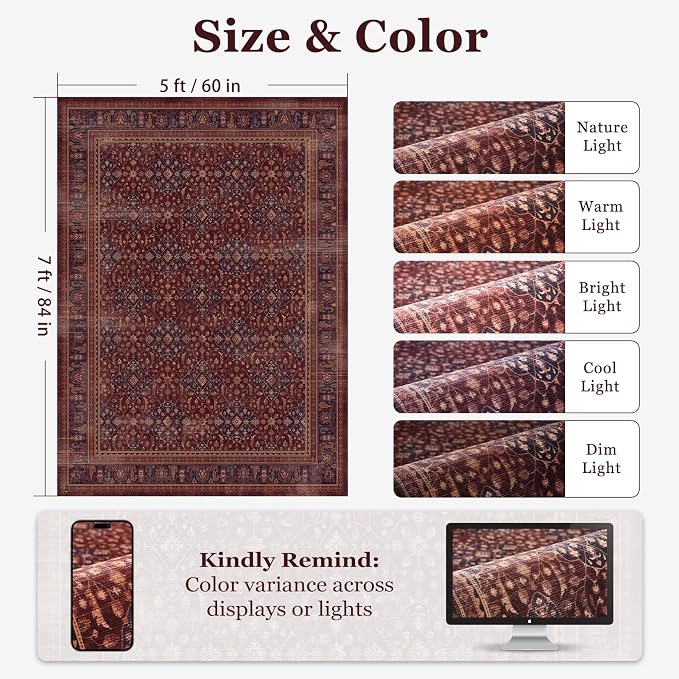 Amber Red 5x7 Area Rugs for Living Room Bedroom, Earthy Vintage Distressed Washable Rug Non Slip, Low Pile Soft Carpet Rugs for Den/Home Office/Kitchen/Foyer, Boho Floral Trellis Purple Accents