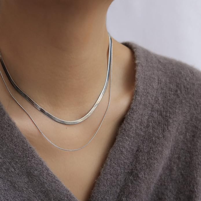 Tewiky Layered Necklaces for Women Non Tarnish- Chunky 14k Gold Plated Herringbone/Snake/Rope/Box/Cuban Link Chain for Women Waterproof Layering Stack Choker Necklace Trendy Dainty Tarnish Free Jewelry Set