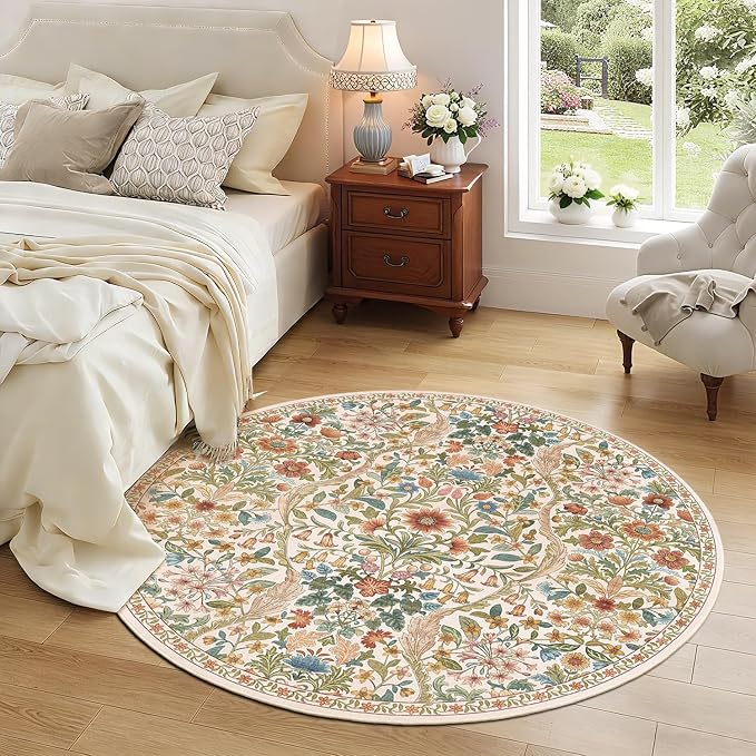 Round Rug 5ft Beige Washable Floral Circle Rug,Vintage Boho Botanical Round Area Rugs, Non-Slip Soft Low-Pile Circular Carpet for Bedroom,Kids Room,College Dorm,Home Decor
