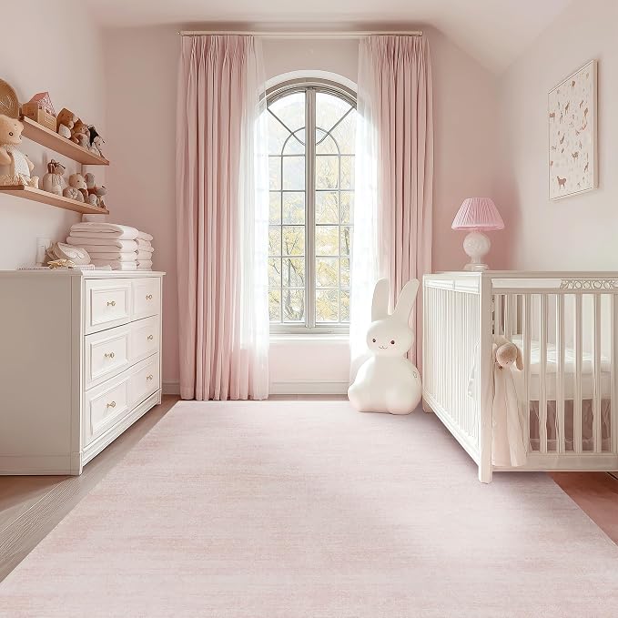 BILEEHOME Large Area Rug for Bedroom Washable Ombre Blush Pink Rugs 9x12 | Abstract Boho Low Pile Carpet, for Living Room Diningroom, with Non Slip Foldable, Rubber Backing, Hardwood Floor Protector