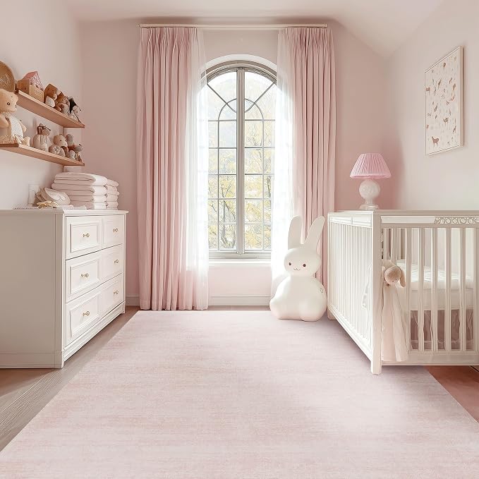 BILEEHOME Pink Nursery Rug 6x9 Boho Neutral Baby Foldable Washable Rugs | Blush, Low Pile Soft Ombre Carpet, for Bedroom Kids Room Office, Modern Abstract Aesthetic, with Non Slip Rubber Backing