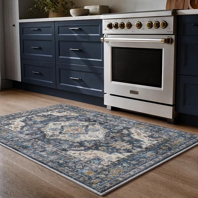 AMOAMI-2X3 Small Rug-Washable Rugs Entryway Mat Indoor-Soft Vintage Non Slip Rugs for Kitchen Laundry Room Bathroom Blue Decorative Accent Rug for in Front of Sink 24 Inch x36 Inch