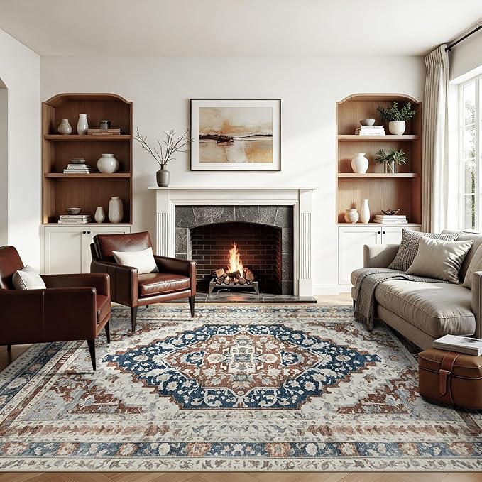 Joydeco 8x10 Area Rugs for Living Room, Non Slip Machine Washable Vintage Rug, Low Pile Chenille Print Rugs for Bedroom, Dining Room, Home Office, Pet & Child Friendly, Beige & Blue & Reddish-Brown