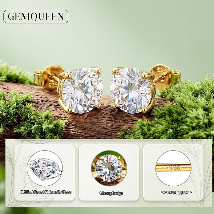 Moissanite Stud Earrings : 18K White Gold Plated Solid 925 Sterling Silver Earring Hypoallergenic Dainty Flat Back Stud Earrings Jewelry for Women Men D Color VVS1 Clarity
