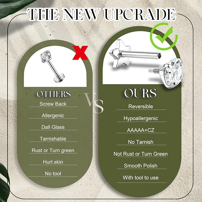 GEMQUEEN Reversible Flat Back Earrings Studs Hypoallergenic - 14K Gold Filled Surgical Steel Earring 18G Cartilage Helix Tragus Conch Piercing Jewelry Extended Internal Thread Earrings for Women Men