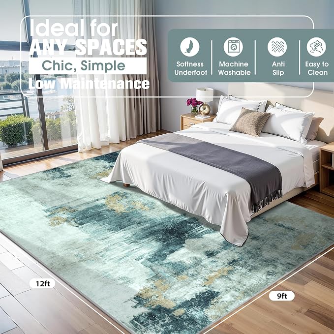 9x12 Area Rugs for Living Room Rug Washable: Abstract Large Rug for Dining Room Bedroom Carpet Non Slip 9 by 12 Indoor Modern Nursery Home Office Teal Grey Gold