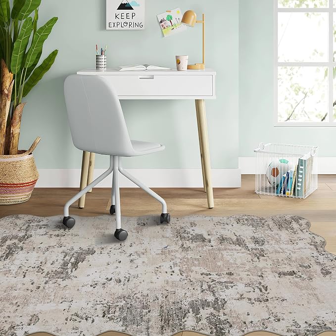 ROYHOME Modern Abstract 2x3 Scalloped Area Rug Non Slip Non Shedding Low Pile Stain Resistant Rug for Entryway Kitchen Bedroom,Brown Grey