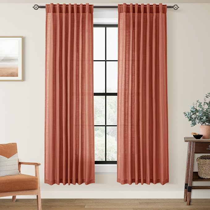 72 inch Linen Terracotta Curtains 2 Panels for Living Room Back Tab Light Filtering Semi Sheer Rust Colored Curtains 72 inches Long Soft Thick Cotton Cloth Textured Rustic Boho Farmhouse Room Decor