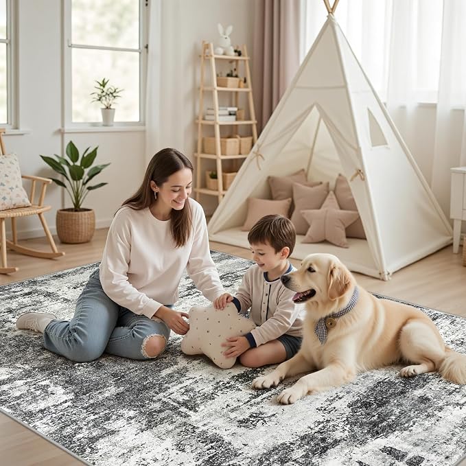 9x12 Area Rugs Living Room Rugs: Large Washable Rug with Anti-Slip Backing Non-Shedding Stain-Resistant Soft Abstract Carpet for Bedroom Dining Room Nursery Home Office - Black