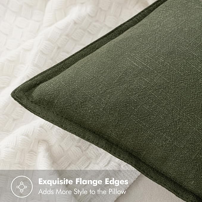 MIULEE Decorative Linen Euro Sham Pillow Covers 22x22 Inch Dark Olive Green | Boho Farmhouse Neutral Couch Throw Pillows for Bed, Pack of 2 Accent Modern Pillowcases, Sofa Livingroom Home Decor