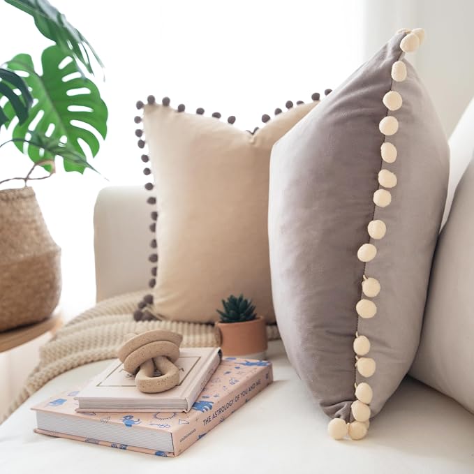 MONDAY MOOSE Decorative Throw Pillow Covers Cushion Cases, Set of 2 Soft Velvet Pom Poms Double-Sided Designs, Pillow Inserts Not Included (18x18 inch, Stone Gray/Beige Cream)