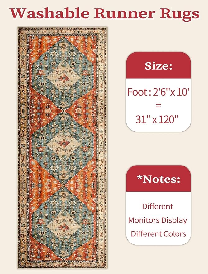 SERISSA Boho Washable Runner Rug, 2'6"x10' Long Non-Slip Tribal Hallway Kitchen Stair Runner Rug Ultra Soft Print Distressed Vintage Floor Carpet for Bedroom Bathroom Laundry Room