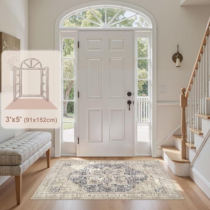 Tortania Area Rug Living Room Rugs - 3x5 Washable Rug Vintage Oriental Distressed Farmhouse Small Thin Indoor Carpet for Living Room Bedroom Under Dining Table Home Office - Cream Blue