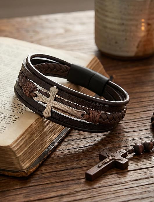 Mens Leather Cross Bracelet Multilayer Braided Wristband Bangle Bracelets with Stainless Steel Buckle Religious Gift for Men Brown/Black/Blue–8.3 inch