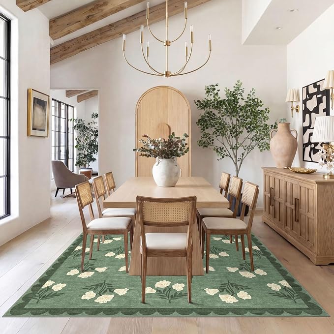 6x9 Area Rugs for Living Room - Washable Sage Green Scalloped Boho Bedroom Rug Stain Resistant Dining Room Rugs for Under Table Non Slip Soft Carpet for Living Room Bedroom Nursery Foyer