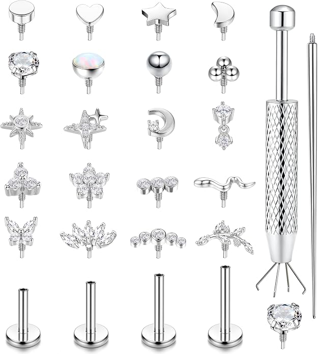 Flat Back Stud Earrings for Women Hypoallergenic Surgical Steel Internal Thread CZ Stud Piercing Jewelry for Tragus Helix Conch Cartilage 14K Gold/Silver Plated Nose Lip Labret Medusa Piercing 16G 18G