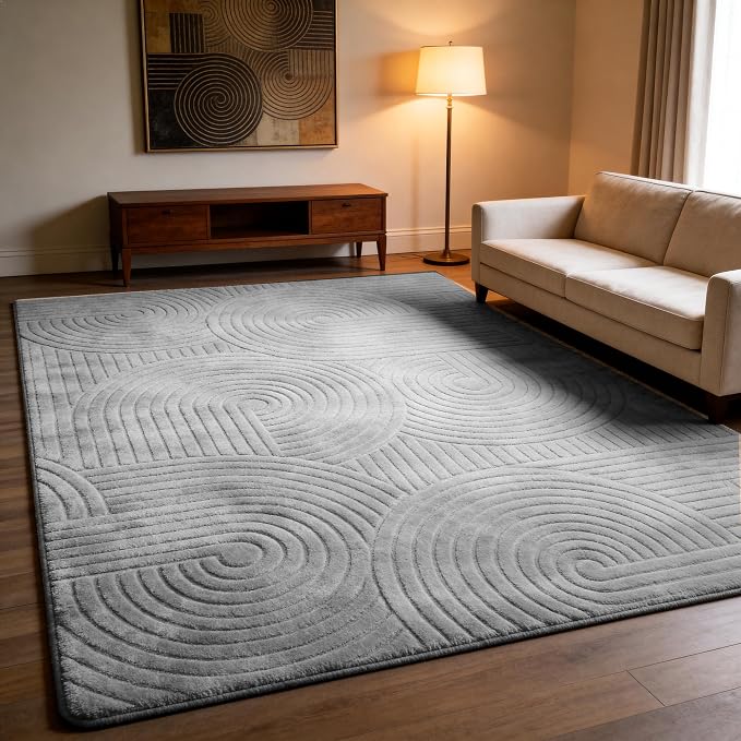 5x7 Grey Area Rug - Washable Fluffy High-Low Pile Rugs for Living Room Bedroom, Modern Geometric Pattern, Non-Slip Textured Indoor Rugs for Nursery, Kids Room, Home Office