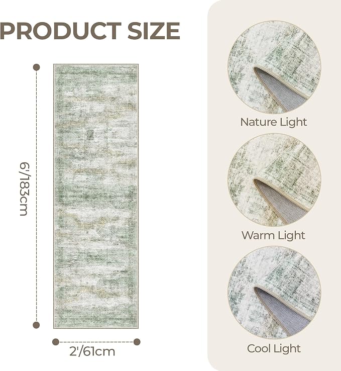 2x6 Runner Rug Non Slip,Washable Hallway Runner Rug,Green | Neutral Rugs for Kitchen,Entryway,Bedroom,Bathroom,Nursery Room,Thin,Soft Runner Rug,Stain Resistant Indoor Carpet