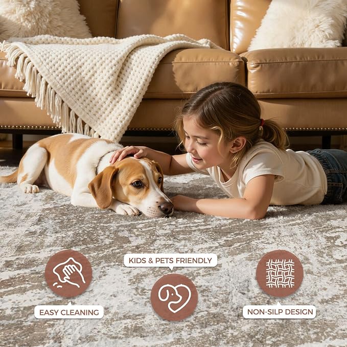 DMOYEST 6ft Round Washable Area Rug for Living Room: Modern Abstract Neutral Circle Carpet, 6x6 Soft Low Pile Non-Slip Floor Mat for Bedroom Under Dining Table, Kids & Pet - Brown