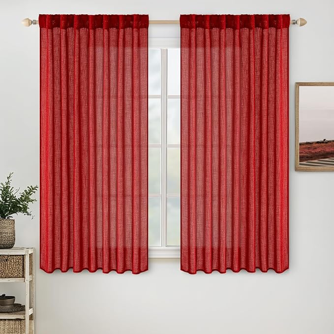 MIULEE Red Linen Short Curtains 63 Inch Length 2 Panels for Kitchen Bedroom, Christmas Soft Thick Linen Textured Window Drapes Living Room Semi Sheer Light Filtering Back Tab Burlap Look Decor