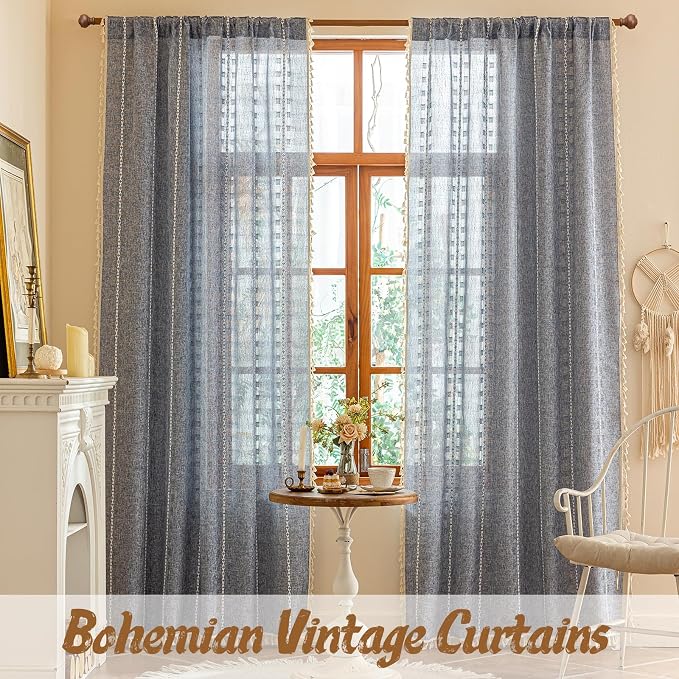 Blue Boho 96 inch Curtains 2 Panel Set for Living Room Dining room Floor to Ceiling, Light Filtering Tassels Privacy Country Vintage Embroidery Bohemian Stripes Window Treatment Back Tab, 50"W