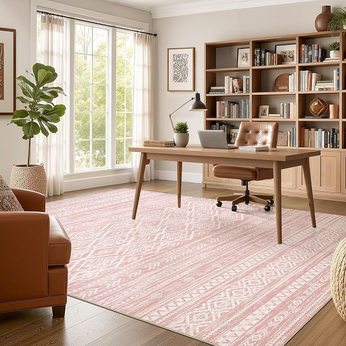 Nakagishi Area Rug Living Room Rugs: 8x10 Large Soft Machine Washable Boho Moroccan FarmNeutral Stain Resistant Indoor Floor Carpet for Bedroom Under Dining Table Home Office Decor-Pink